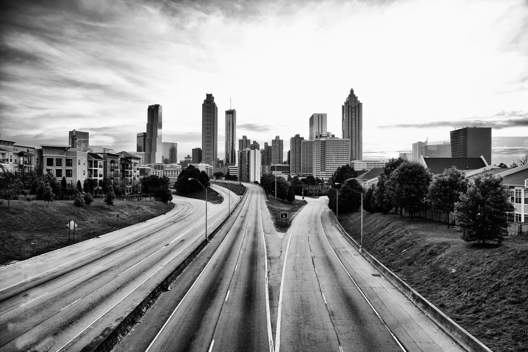 Black-and-white view of the Atlanta skyline